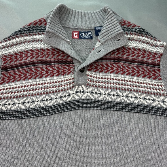 Chaps‎ Sweater Men's Medium Gray Red Henley Heavy Knit Holiday Fair Isle Nordic - Picture 3 of 11